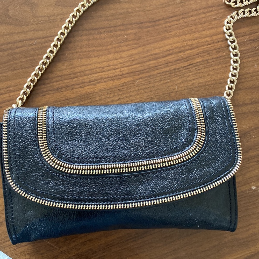 Michael Kors Naomi Black Leather Clutch Handbag Gold Zipper Detail EUC